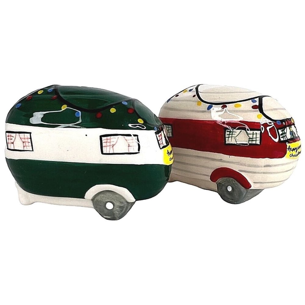 Christmas Camping Trailer Salt & Pepper Shaker Set Travel Campers Retro RV